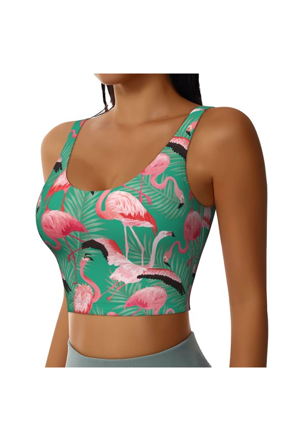 Tropical Flamingo Sports Bra for Women,Padded Strappy Sports Bras Medium Support Yoga Bra with Removable Cups,Running Yoga Bra-