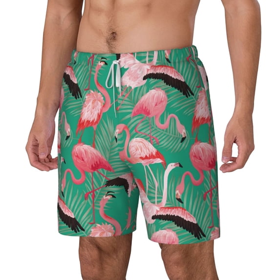 Picia Tropical Flamingo pattern Mens Swim Trunks with Compression Liner Stretch Beach Shorts Quick Dry with Zipper Pockets No-Chafing Board Shorts-Small