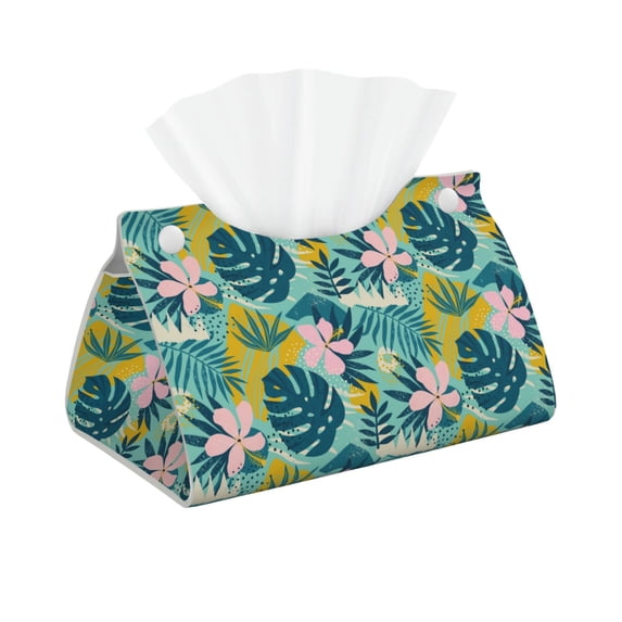 Picia Tropical Floral Pattern Long Tissue Box Cover,PVC Leather Triangle Holder,Tissue Box Holder with Magnetic Bottom,Facial Paper Organizer Dispenser-7.9"X4.9"X4.5"