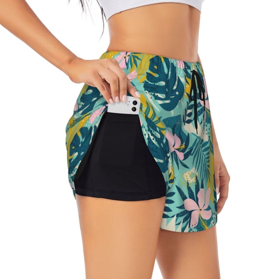 Picia Tropical Floral Pattern Women's 2 in 1 Athletic Running Shorts High Waisted Workout Casual Gym Sweat Shorts with Comfy Liner Zipper Pockets-Large