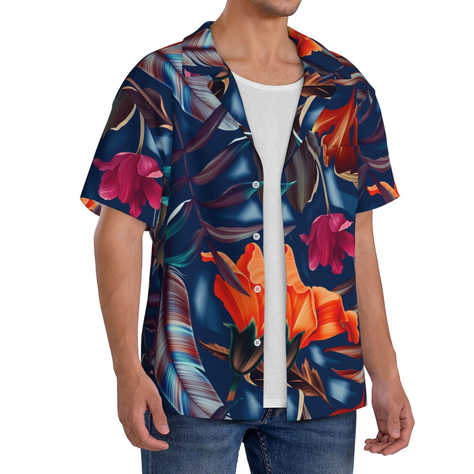Picia Tropical Flower Men's Linen Shirts Short Sleeve Cuban Beach — free download