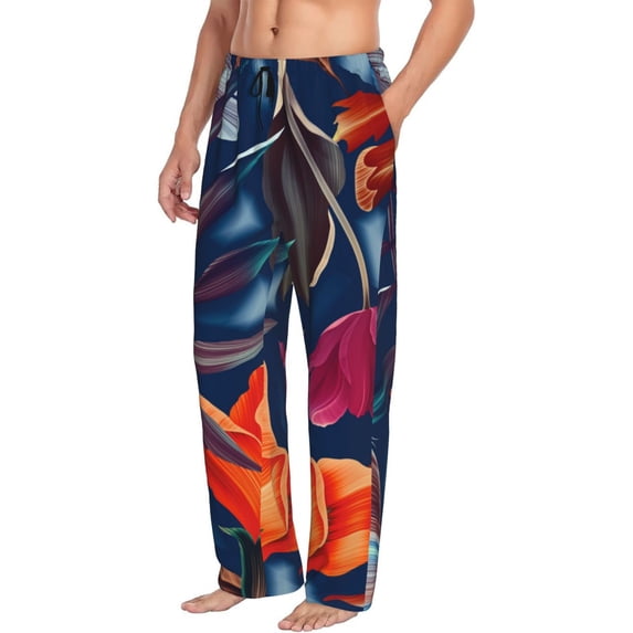 Picia Tropical Flower Mens Soft Woven Cotton Elastic Waistband Sleep Pajama Pant Lounge Sleep Pant With Pockets And Drawstring-Large