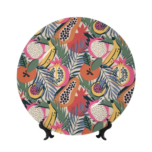 Picia Tropical Fruit Pattern Bone China Decorative Plate – Wall Decor with Stand and Adhesive, Elegant Ornament for Living Room, Office, or Entryway-6in