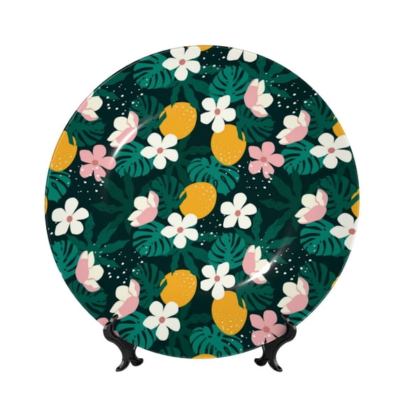 Picia Tropical Fruit Pattern Bone China Decorative Plate – Wall Decor with Stand and Adhesive, Elegant Ornament for Living Room, Office, or Entryway-7in