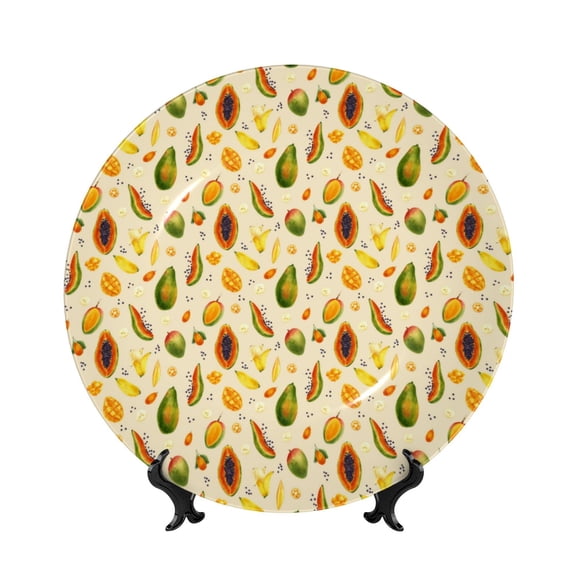 Picia Tropical Fruits Pattern Bone China Decorative Plate – Wall Decor with Stand and Adhesive, Elegant Ornament for Living Room, Office, or Entryway-6in
