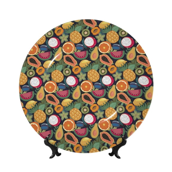 Picia Tropical Fruits Pattern Bone China Decorative Plate – Wall Decor with Stand and Adhesive, Elegant Ornament for Living Room, Office, or Entryway-7in