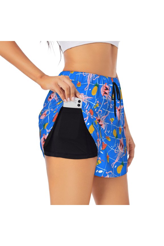Tropical Jellyfishes Pattern Women's 2 in 1 Athletic Running Shorts High Waisted Workout Casual Gym Sweat Shorts with Comfy Liner Zipper Pockets-Large