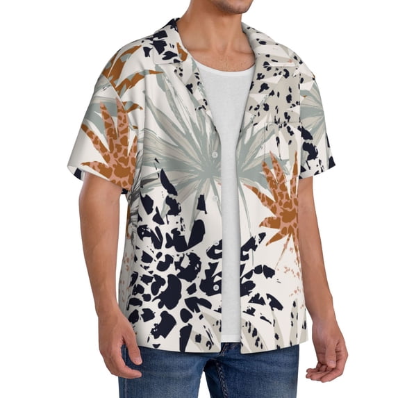 Picia Tropical Leaves Men's Linen Shirts Short Sleeve Cuban Beach Shirts Casual Shirts Button Down Shirt for Men Beach Summer Wedding Shirt-X-Large