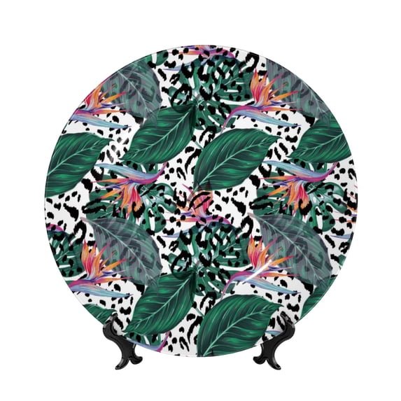 Picia Tropical Leaves Pattern Bone China Decorative Plate – Wall Decor with Stand and Adhesive, Elegant Ornament for Living Room, Office, or Entryway-6in