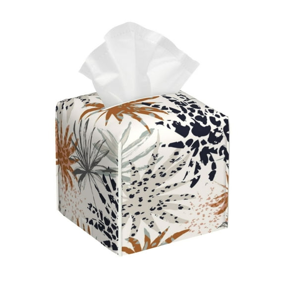Picia Tropical Leaves Pattern Tissue Box Cover,PVC Leather Square Holder,Tissue Box Holder with Magnetic Bottom,Facial Paper Organizer Dispenser-5.2"X5.2"X5.2"