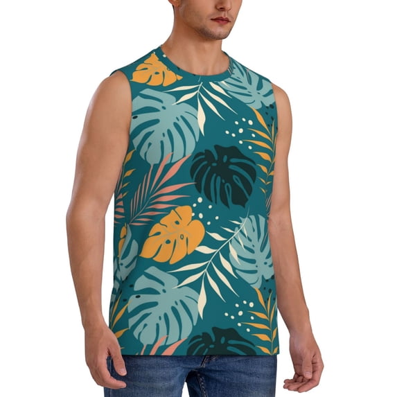 Picia Tropical Leaves mens Cotton Tank Undershirts , Moisture-wicking Ribbed Tanks, Lightweight Cotton Tank Undershirts-Large