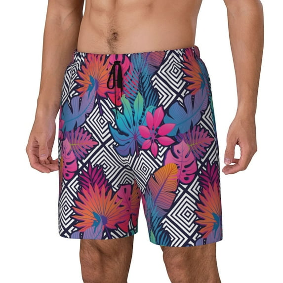 Picia Tropical Leaves pattern Mens Swim Trunks with Compression Liner Stretch Beach Shorts Quick Dry with Zipper Pockets No-Chafing Board Shorts-Small