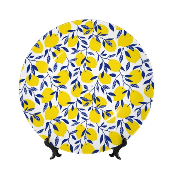 Picia Tropical Lemon Pattern Bone China Decorative Plate – Wall Decor with Stand and Adhesive, Elegant Ornament for Living Room, Office, or Entryway-7in