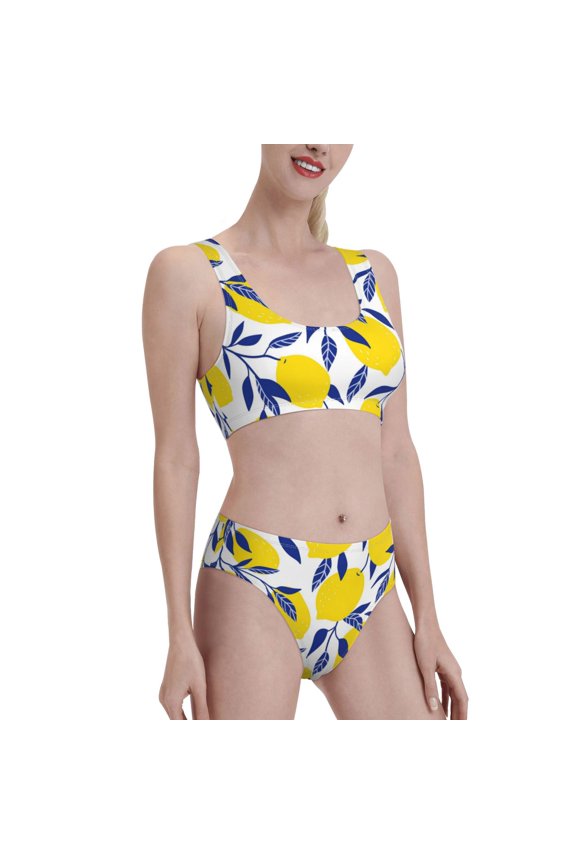 Tropical Lemon Women's High Waisted Bikini Scoop Neck Swimsuit Two Pieces Bathing Suit-Small