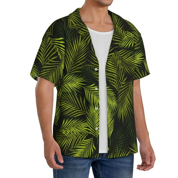 Picia Tropical Palm Leaves Fern Leaf Men's Linen Shirts Short Sleeve Cuban Beach Shirts Casual Shirts Button Down Shirt for Men Beach Summer Wedding Shirt-Large