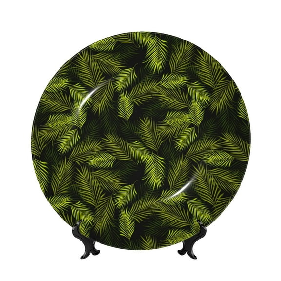 Picia Tropical Palm Leaves Fern Leaf Pattern Bone China Decorative Plate – Wall Decor with Stand and Adhesive, Elegant Ornament for Living Room, Office, or Entryway-8in