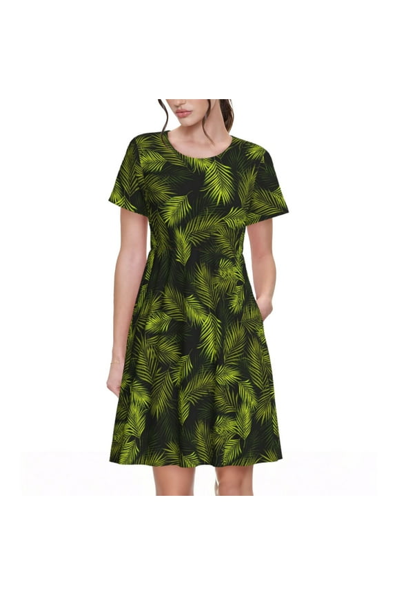 Tropical Palm Leaves Fern Leaf Pattern Women's Short Sleeve Summer Dress Pleated Loose Swing Knee Length Short Sleeve Swing Dresses
