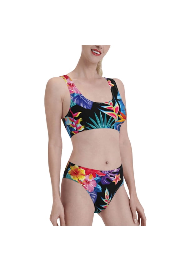 Tropical Palm Leaves Women's High Waisted Bikini Scoop Neck Swimsuit Two Pieces Bathing Suit-X-Large