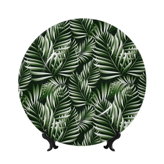 Picia Tropical Palm Leaves1 Pattern Bone China Decorative Plate – Wall Decor with Stand and Adhesive, Elegant Ornament for Living Room, Office, or Entryway-6in