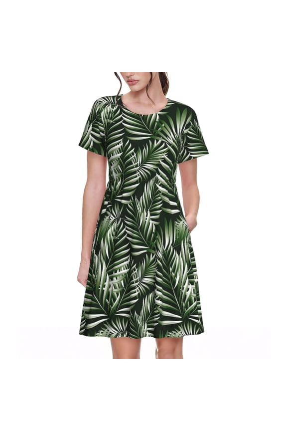 Tropical Palm Leaves1 Pattern Women's Short Sleeve Summer Dress Pleated Loose Swing Knee Length Short Sleeve Swing Dresses