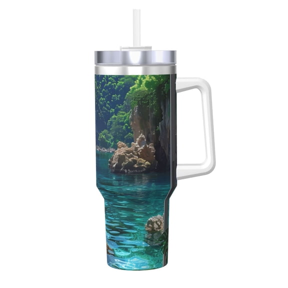 Picia Tropical Paradise Window View Pattern 40oz Ice Bully Insulated Tumbler with Handle, Double-Wall Stainless Steel Cup, Leak-Proof Lid and Straw