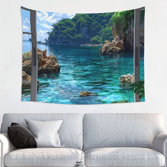 Picia Tropical Paradise Window View Pattern Tapestry-Tapestries for Bedroom Living Room Dorm(29x37")