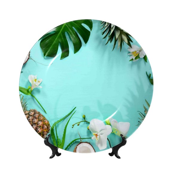 Picia Tropical Pineapple Pattern Bone China Decorative Plate – Wall Decor with Stand and Adhesive, Elegant Ornament for Living Room, Office, or Entryway-7in
