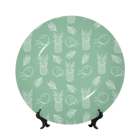 Picia Tropical Pineapple Pattern Bone China Decorative Plate – Wall Decor with Stand and Adhesive, Elegant Ornament for Living Room, Office, or Entryway-8in