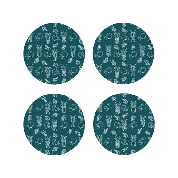 Picia Tropical Pineapple Printed Leather Coasters for Drinks, 4" Drink Coasters Set of 4 for Tabletop Protection, Handmade Luxurious Home Décor and Housewarming Gift -Round Shape