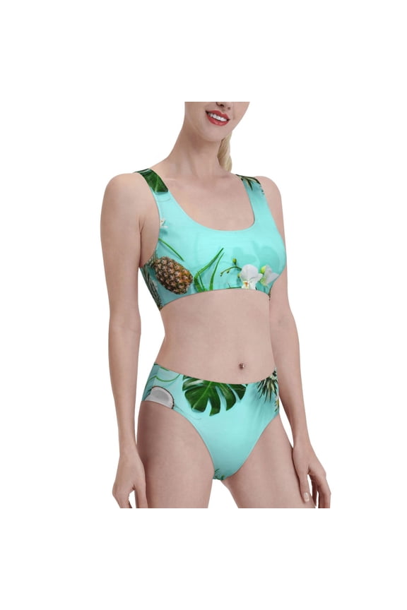 Tropical Pineapple Women's High Waisted Bikini Scoop Neck Swimsuit Two Pieces Bathing Suit-Medium