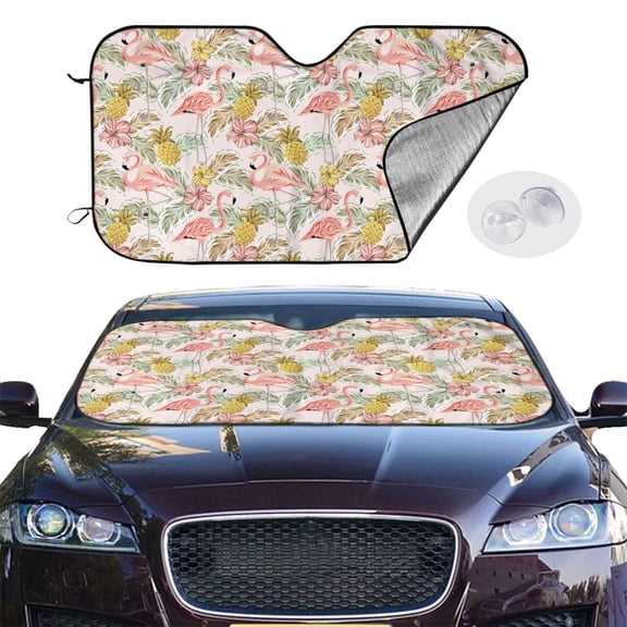 Picia Tropical Pink Flamingo Pineapple Curved Windshield Sunshade Accordion Folding Style Auto Shade for Car Truck SUV Van Blocks UV Ray Sun Visor Protector -Small