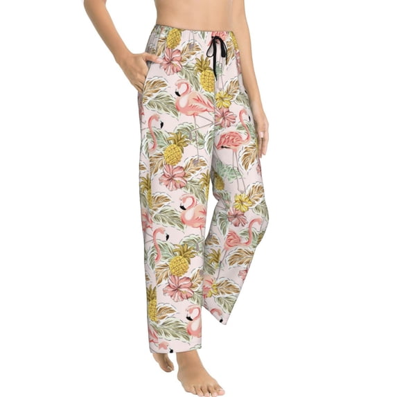 Picia Tropical Pink Flamingo Pineapple Womens Soft Woven Cotton Elastic Waistband Sleep Pajama Pant Lounge Sleep Pant With Pockets And Drawstring-Large
