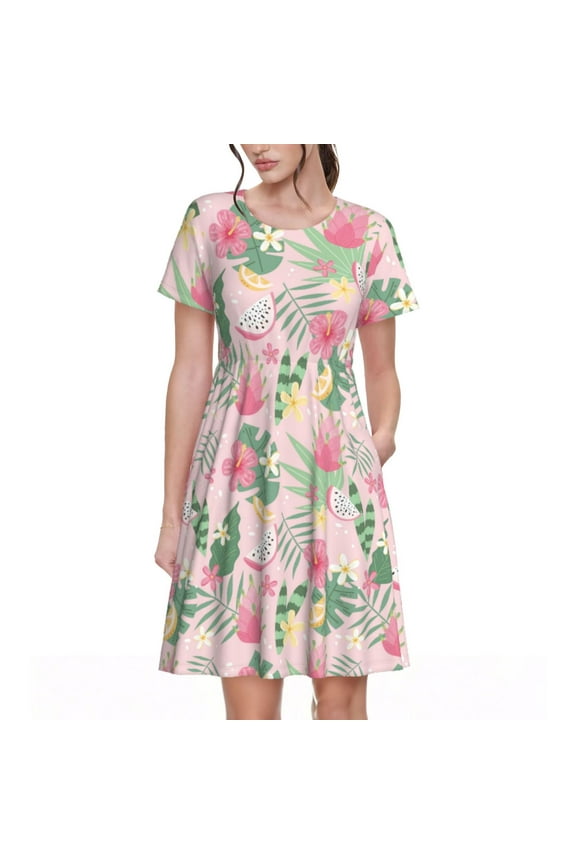Tropical Pitaya Pattern Women's Short Sleeve Summer Dress Pleated Loose Swing Knee Length Short Sleeve Swing Dresses