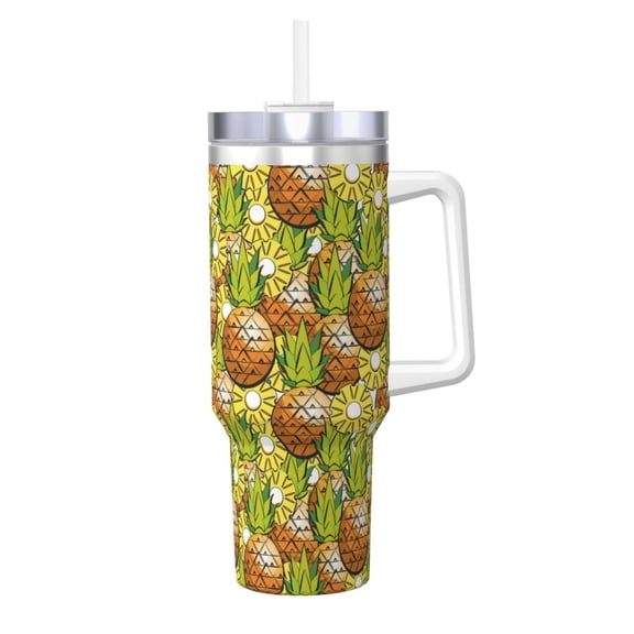 Picia Tropical Summer Fruit Pattern 40oz Ice Bully Insulated Tumbler with Handle, Double-Wall Stainless Steel Cup, Leak-Proof Lid and Straw