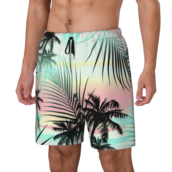 Picia Tropical Summer Palm pattern Mens Swim Trunks with Compression Liner Stretch Beach Shorts Quick Dry with Zipper Pockets No-Chafing Board Shorts-X-Large