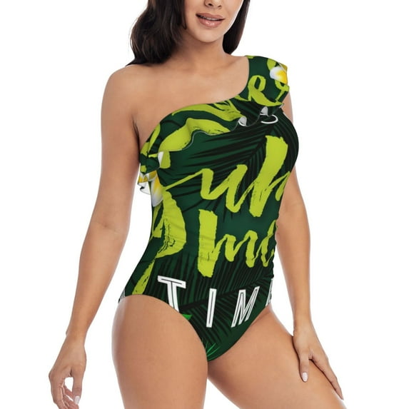 Picia Tropical Summer Vibes Pattern Women's One Piece Swimsuits,One Shoulder Swimwear Asymmetric ,Ruffle Monokinis Bathing Suits,High Waisted Flattering Bathing Suits-Large
