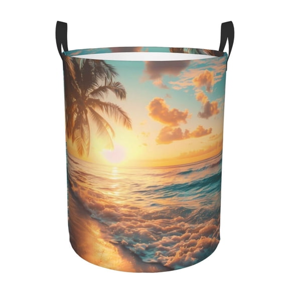 Picia Tropical Sunset Beach Scene Pattern Large Laundry Basket, Waterproof, Freestanding Laundry Hamper, Collapsible Tall Clothes Hamper with Extended Handles-