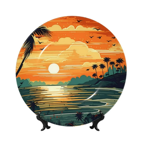 Picia Tropical Sunset Paradise Pattern Bone China Decorative Plate – Wall Decor with Stand and Adhesive, Elegant Ornament for Living Room, Office, or Entryway-6in