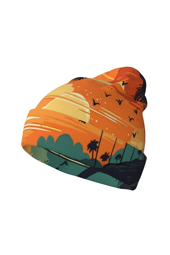 Tropical Sunset Paradise Pattern Knitted Beanie Hat for Men and Women , Unisex Winter Warm Stretchy Knit Cap Thick Fisherman Beanies Cuffed Plain Skull Caps