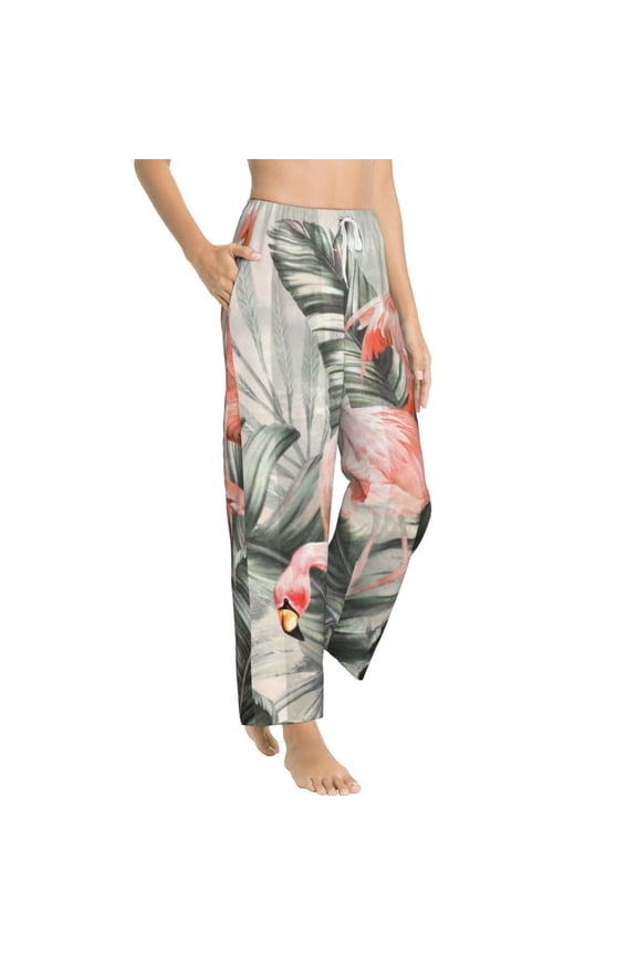 Tropical With Flamingos Womens Soft Woven Cotton Elastic Waistband Sleep Pajama Pant Lounge Sleep Pant With Pockets And Drawstring-Medium