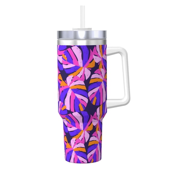 Picia Tropics Leaf Pattern 40oz Ice Bully Insulated Tumbler with Handle, Double-Wall Stainless Steel Cup, Leak-Proof Lid and Straw