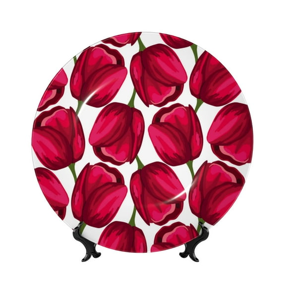 Picia Tulips Flowers Pattern Bone China Decorative Plate – Wall Decor with Stand and Adhesive, Elegant Ornament for Living Room, Office, or Entryway-7in