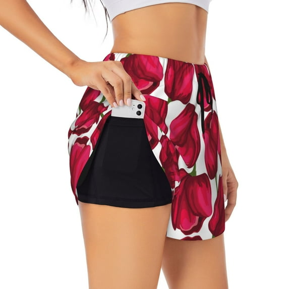 Picia Tulips Flowers Pattern Women's 2 in 1 Athletic Running Shorts High Waisted Workout Casual Gym Sweat Shorts with Comfy Liner Zipper Pockets-Large