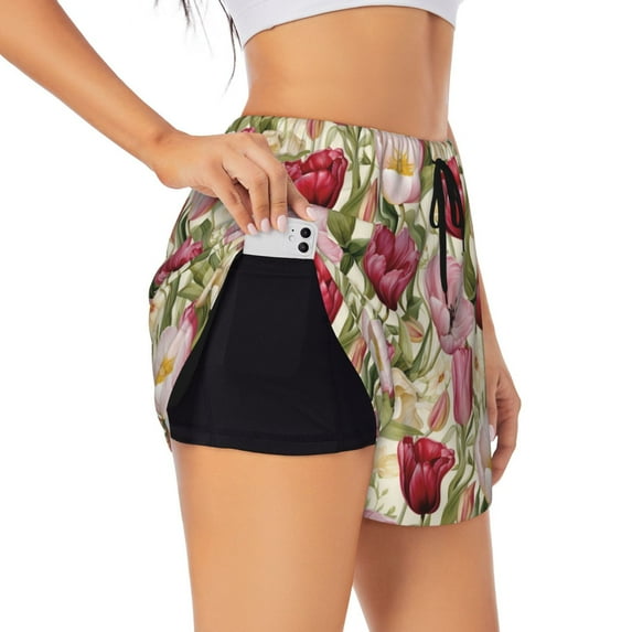 Picia Tulips Flowers Pattern Women's 2 in 1 Athletic Running Shorts High Waisted Workout Casual Gym Sweat Shorts with Comfy Liner Zipper Pockets-Small