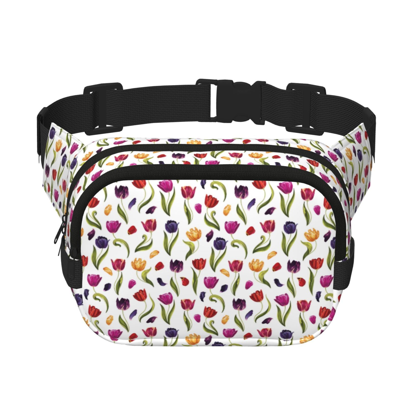 Picia Tulips Flowers Print Square Double-Layer Waist Bag Mini Adjustable Waist Belt Bag Exercise Running Travel Hiking