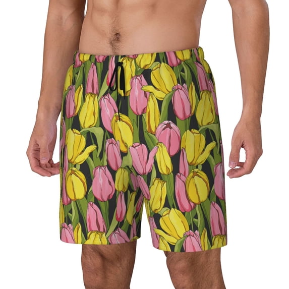 Picia Tulips Flowers pattern Mens Swim Trunks with Compression Liner Stretch Beach Shorts Quick Dry with Zipper Pockets No-Chafing Board Shorts-3X-Large