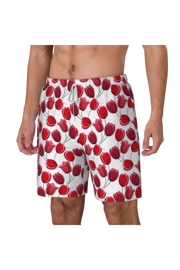 Tulips Flowers pattern Mens Swim Trunks with Compression Liner Stretch Beach Shorts Quick Dry with Zipper Pockets No-Chafing Board Shorts-X-Large