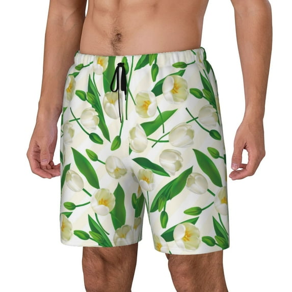 Picia Tulips Flowers pattern Mens Swim Trunks with Compression Liner Stretch Beach Shorts Quick Dry with Zipper Pockets No-Chafing Board Shorts-Small