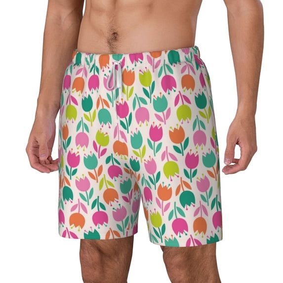 Picia Tulips Flowers pattern Mens Swim Trunks with Compression Liner Stretch Beach Shorts Quick Dry with Zipper Pockets No-Chafing Board Shorts-Small