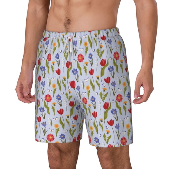 Picia Tulips Flowers pattern Mens Swim Trunks with Compression Liner Stretch Beach Shorts Quick Dry with Zipper Pockets No-Chafing Board Shorts-Small